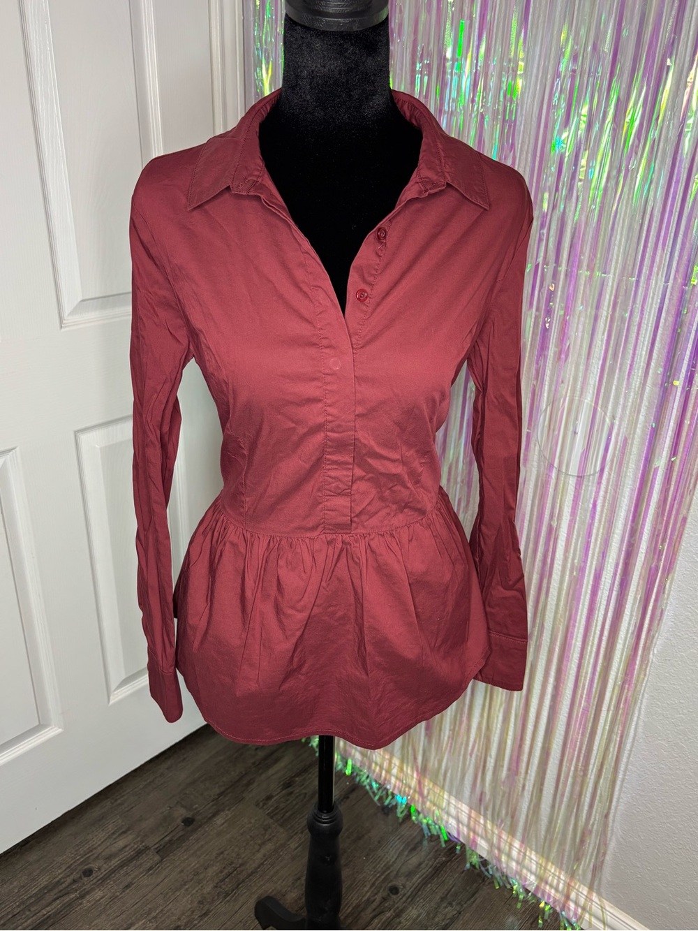 Versona Long Sleeve Peplum Button-Up Shirt - Berry Burgandy Tone Tie Back